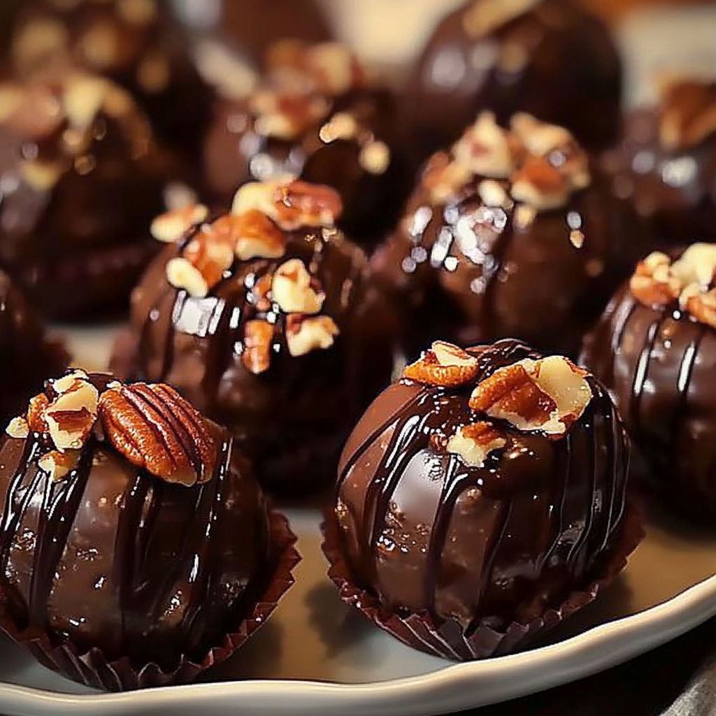 A plate of chocolate covered pecan pie balls.