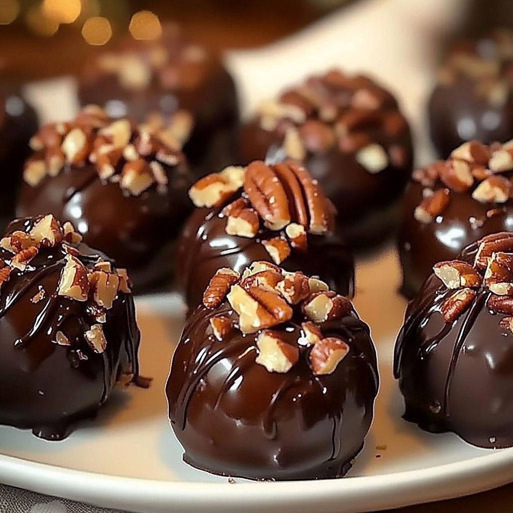 A plate of chocolate covered pecan balls.