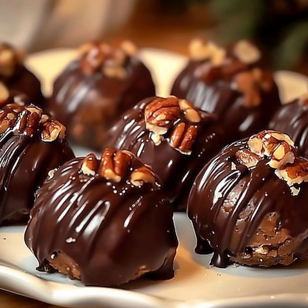 A plate of chocolate covered pecan balls.