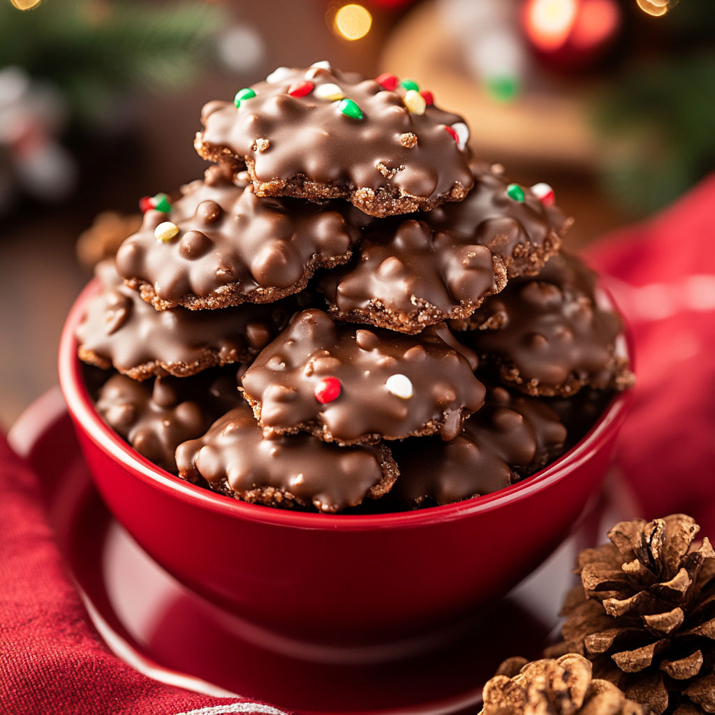 A stack of chocolate chip cookies in a red bowl.