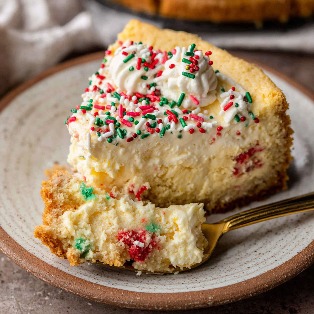 A slice of cheesecake with white frosting and red and green sprinkles.