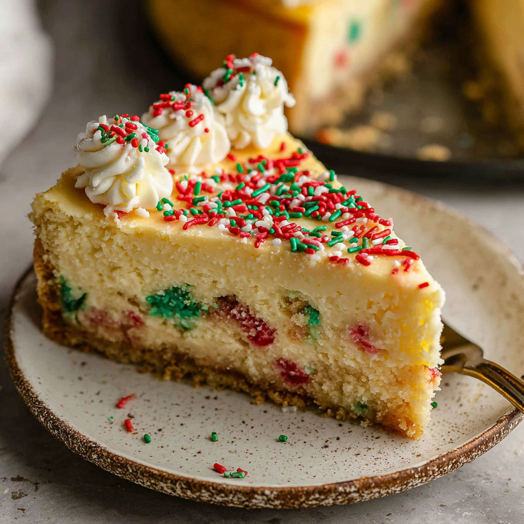 A slice of sugar cookie cheesecake with white frosting and red sprinkles.