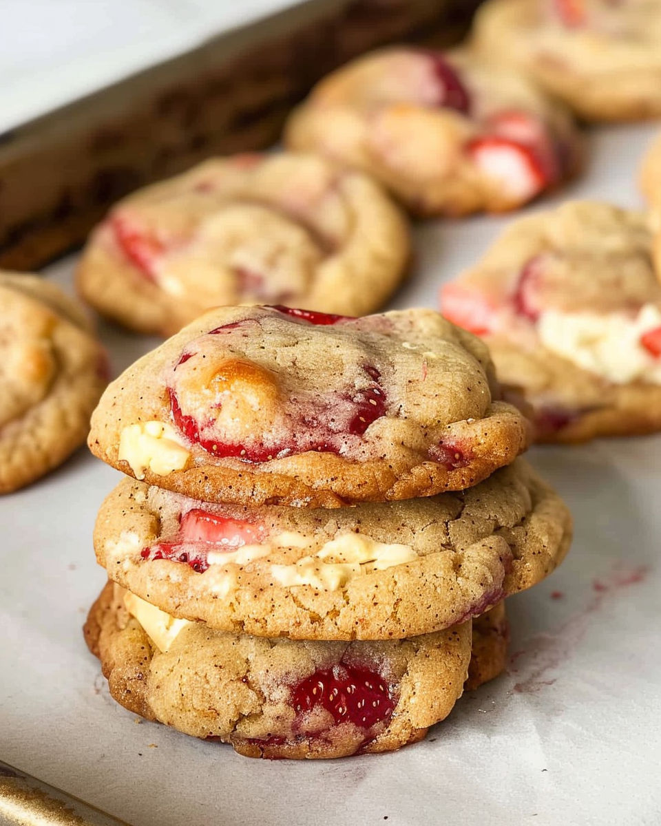 A stack of strawberry cheesecake cookies.