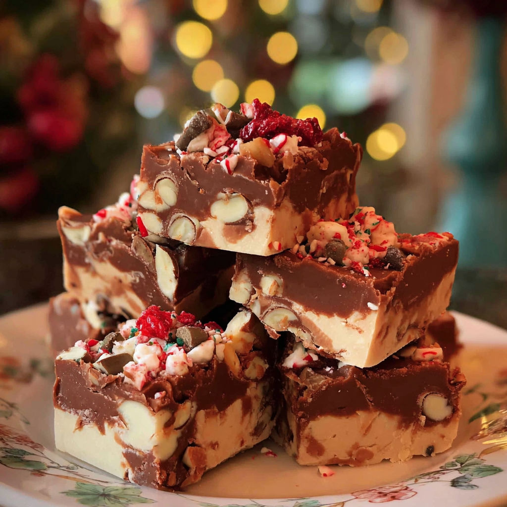 A stack of Christmas fudge bars.