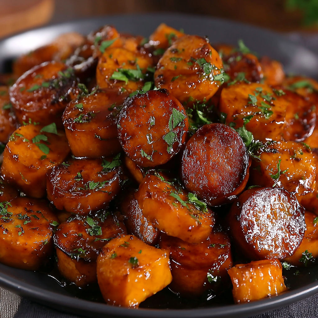 A bowl of sausage and sweet potatoes with honey garlic sauce.