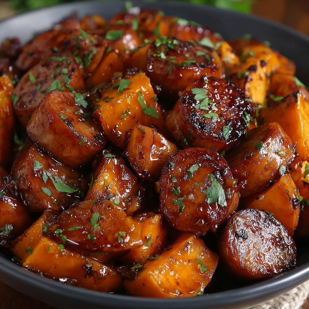 A bowl of sausage and sweet potatoes with honey garlic sauce.