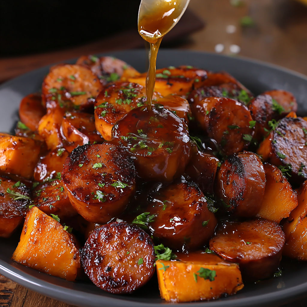 A plate of sausage and sweet potatoes with honey garlic sauce.