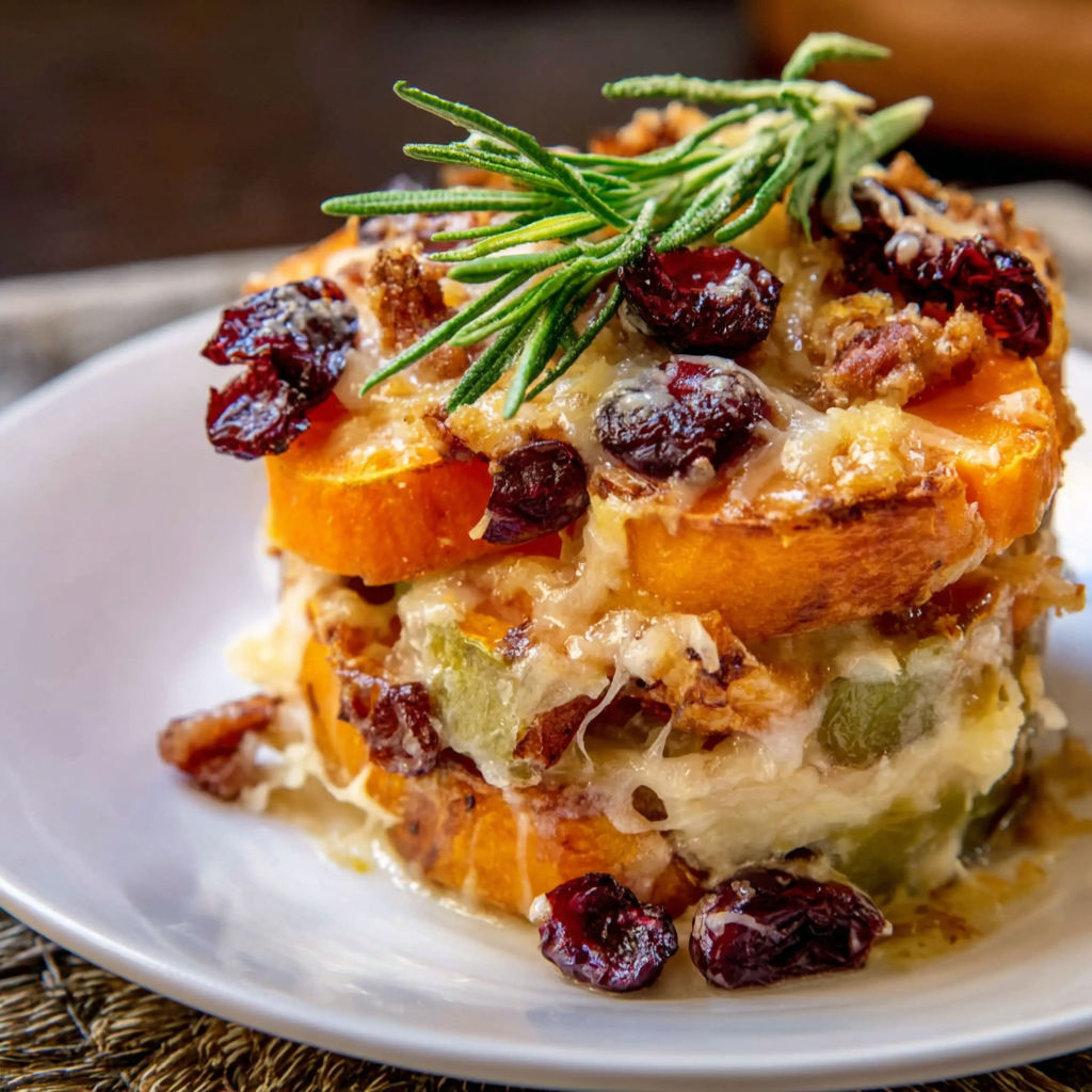 A white plate with a sweet potato and cranberry gratin.