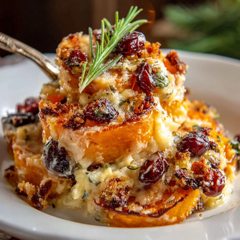A close up of a sweet potato and cranberry gratin.