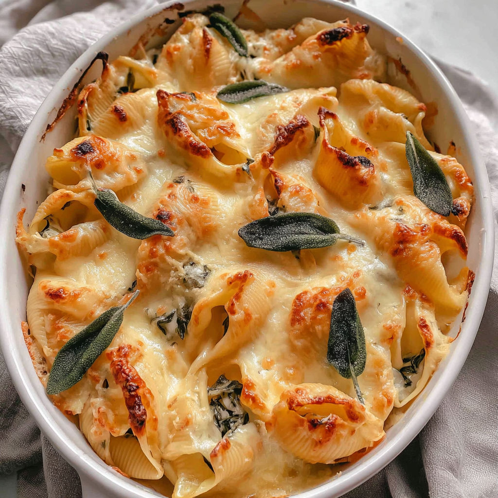 A dish of pumpkin and gouda stuffed shells with brown butter and sage alfredo sauce.