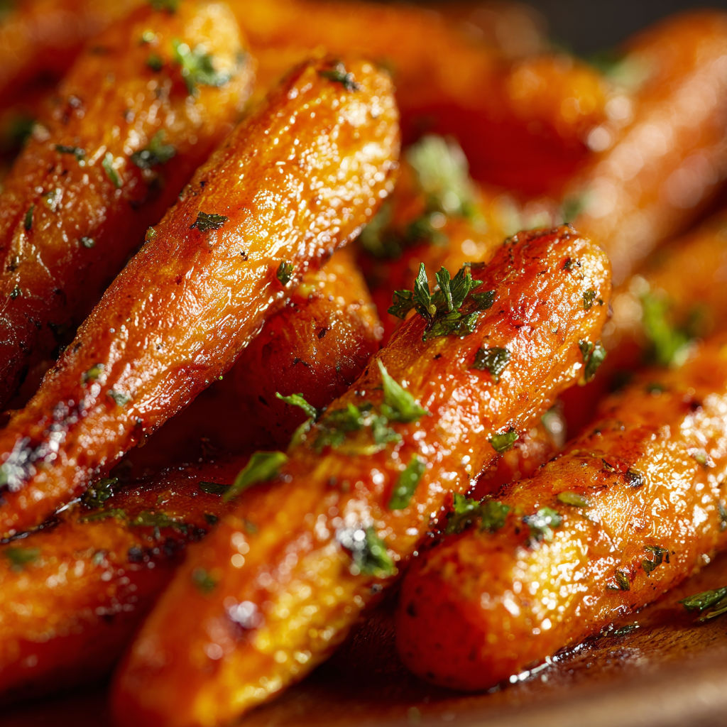 A close up of roasted carrots with honey garlic butter.