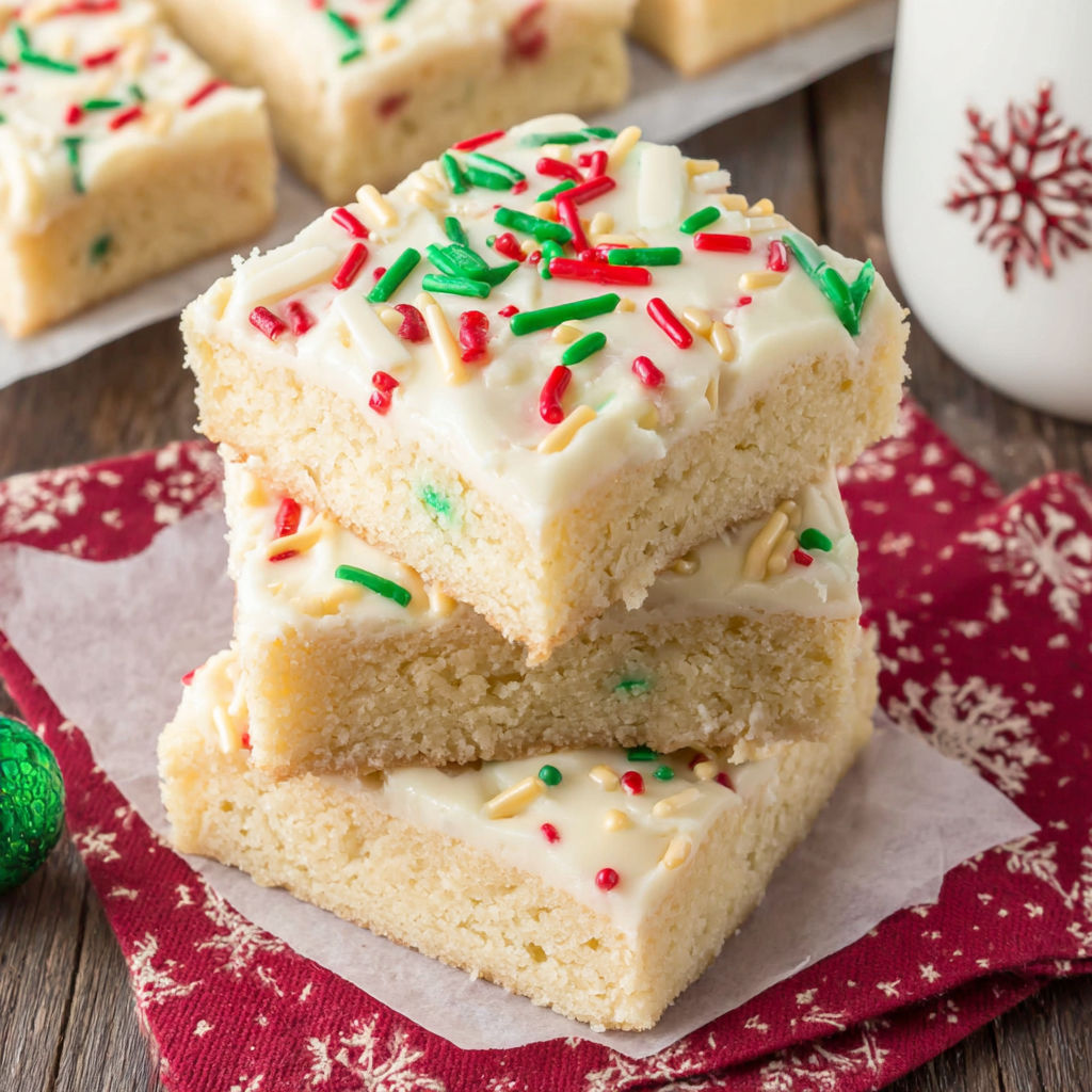 A stack of three white cake squares with green and red sprinkles.