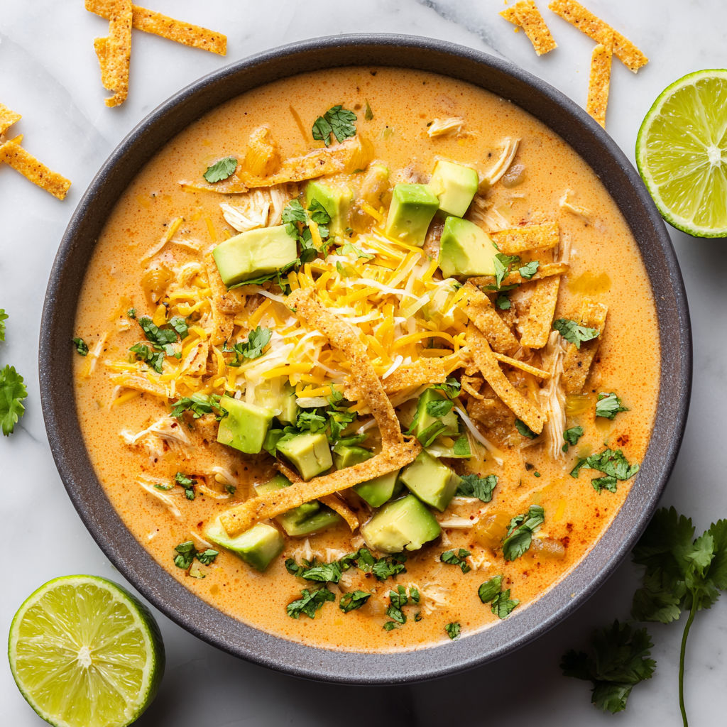 A bowl of white chicken chili with chips on top.