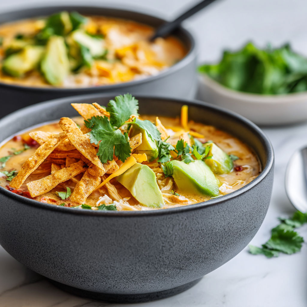 A bowl of chicken chili with chips on top.
