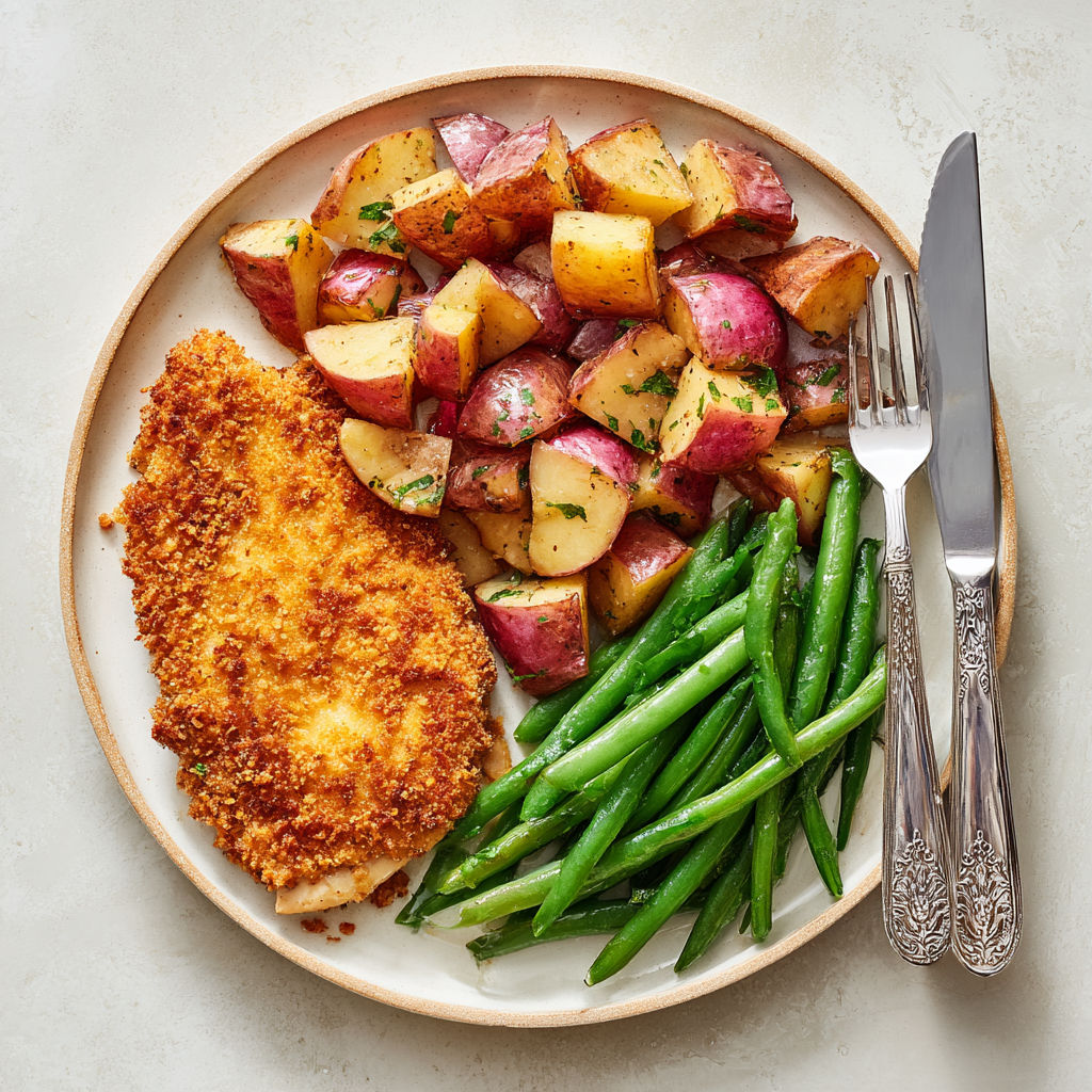 A plate of food with chicken, potatoes, and green beans.