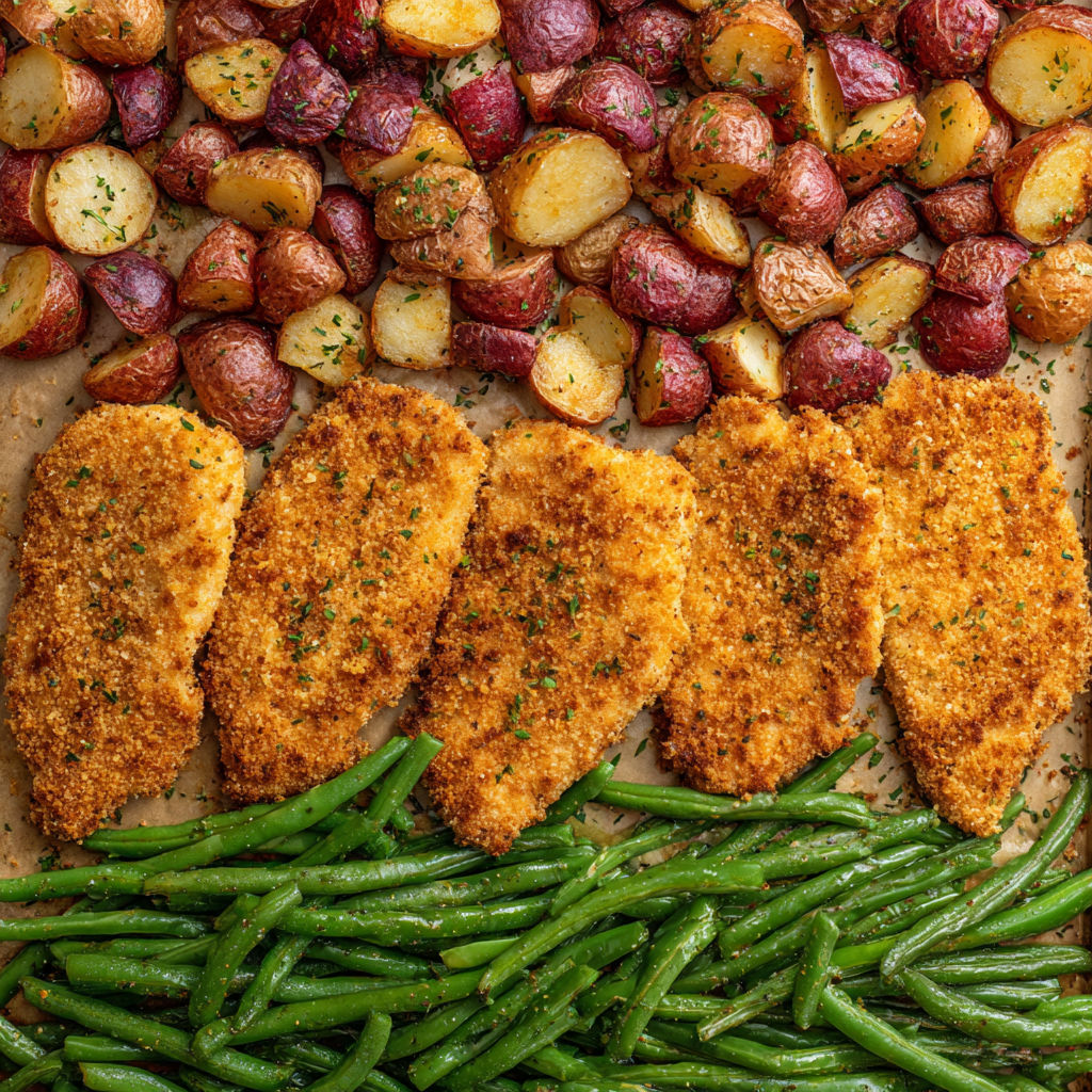 A dinner plate with chicken, potatoes, and green beans.