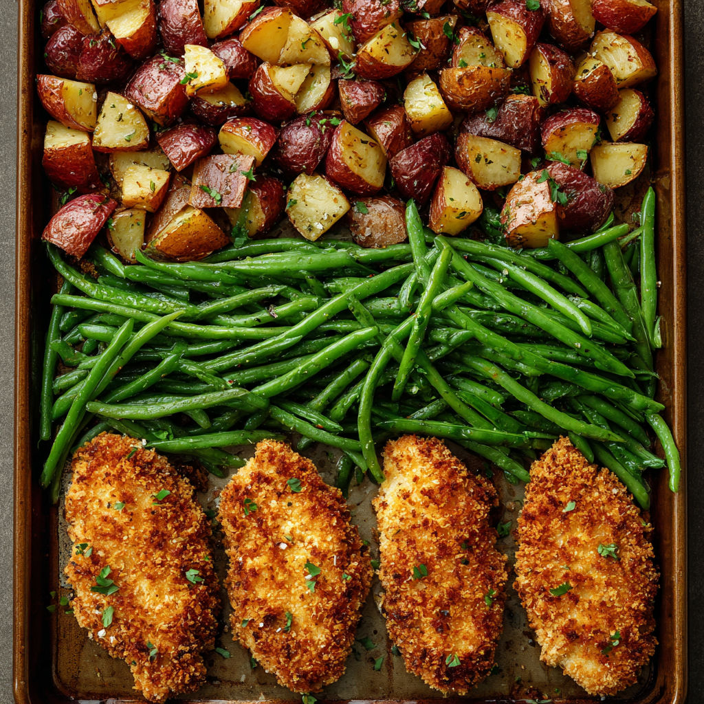A pan of food with chicken, potatoes, and green beans.