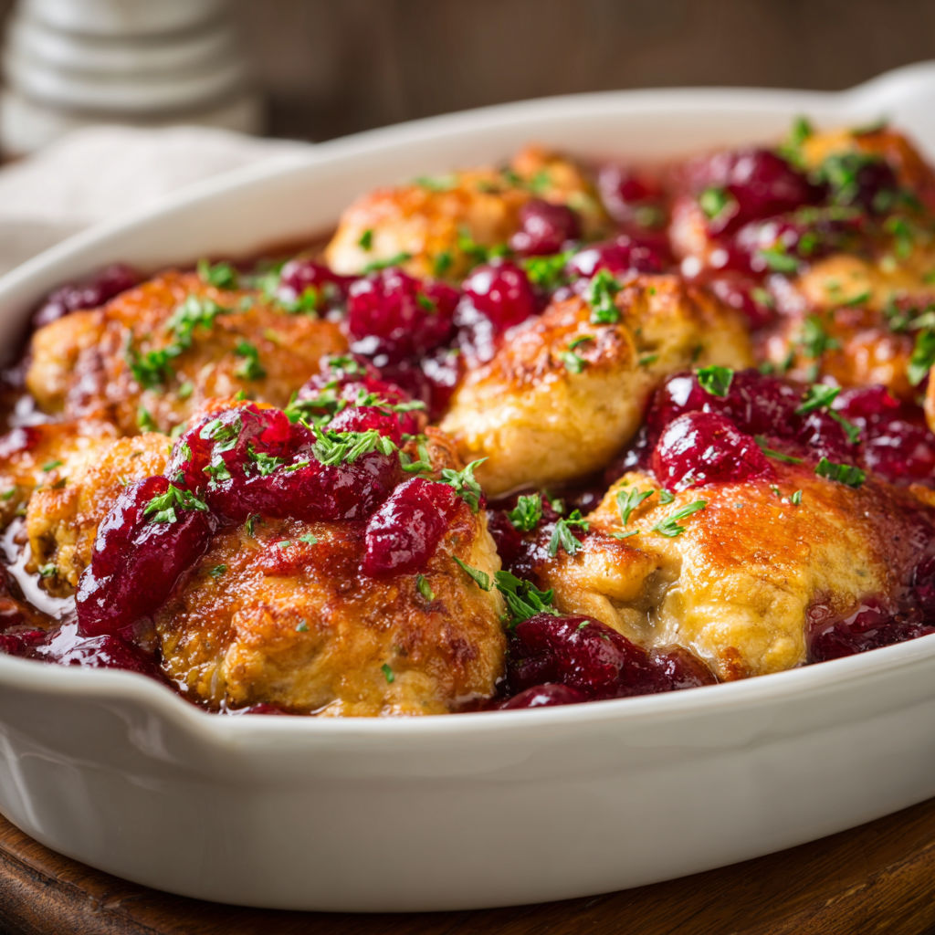A white bowl filled with Cranberry Orange Glazed Chicken.