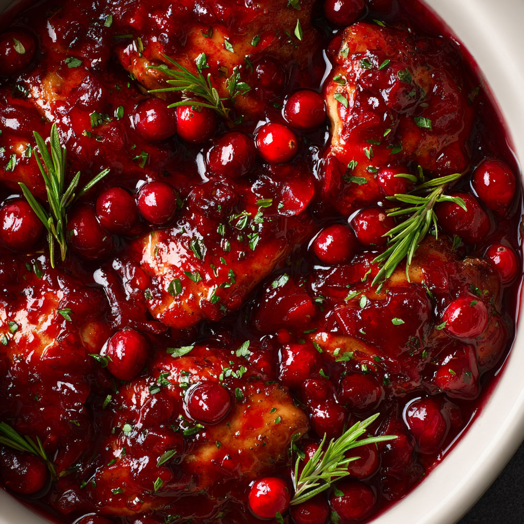 A bowl of chicken with cranberry and orange glaze.