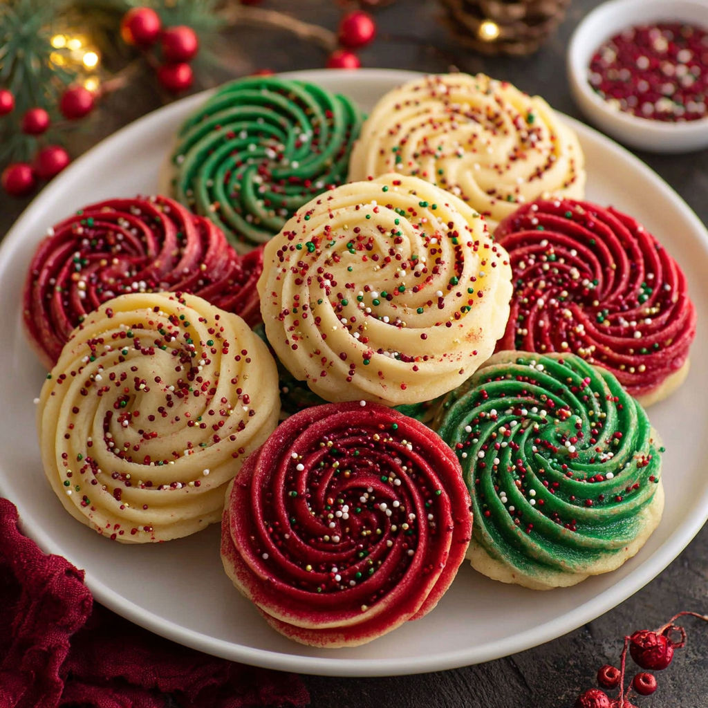 A plate of Christmas swirl butter cookies.