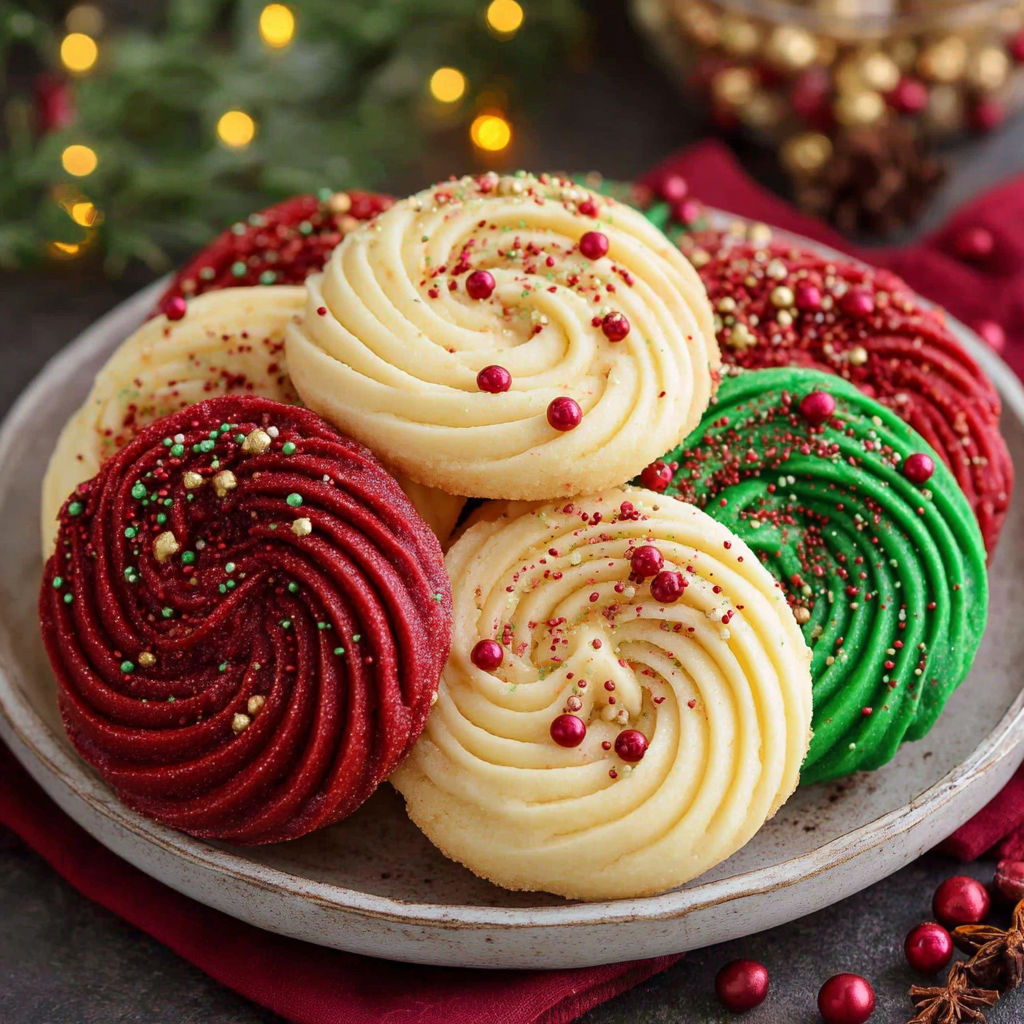 Three Christmas swirl butter cookies on a plate.
