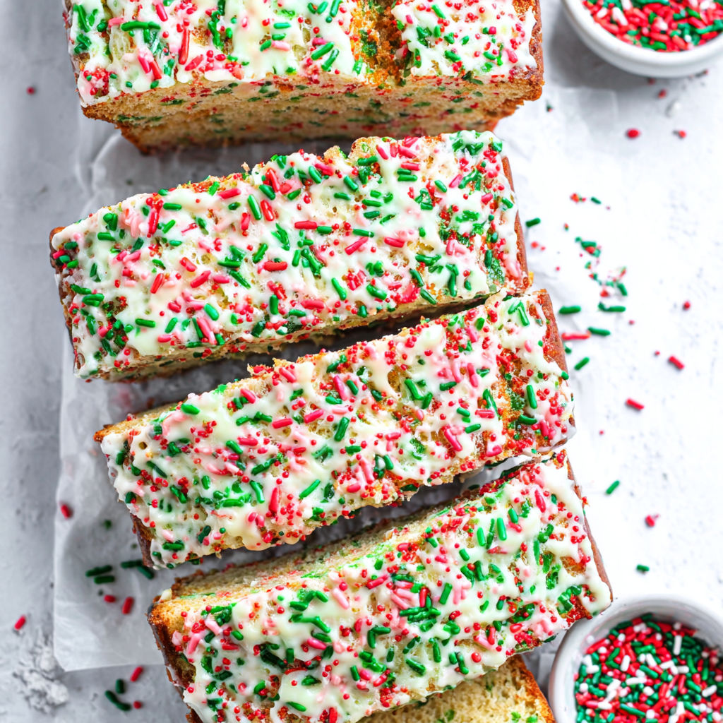 A loaf of Christmas sprinkle buttermilk bread.