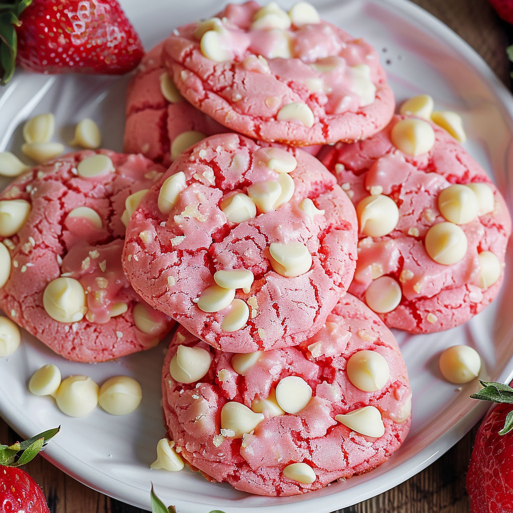 A plate of pink cookies with white chips and strawberries.