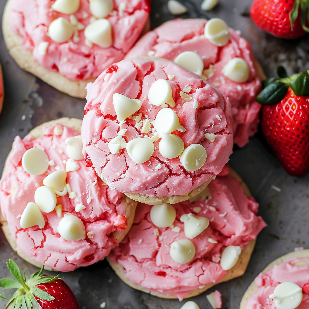 A close up of a pink cheesecake cookie with white chips.