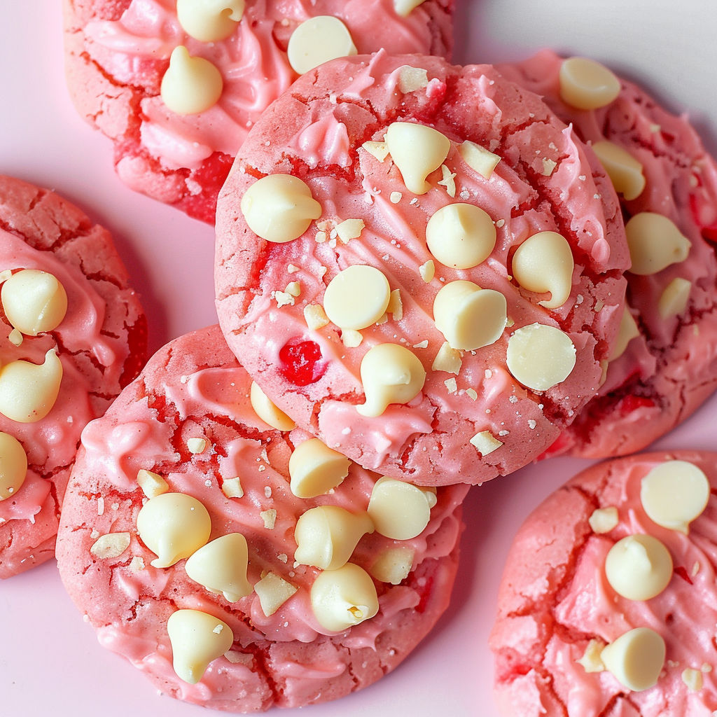 A pink and white cookie with chocolate chips.