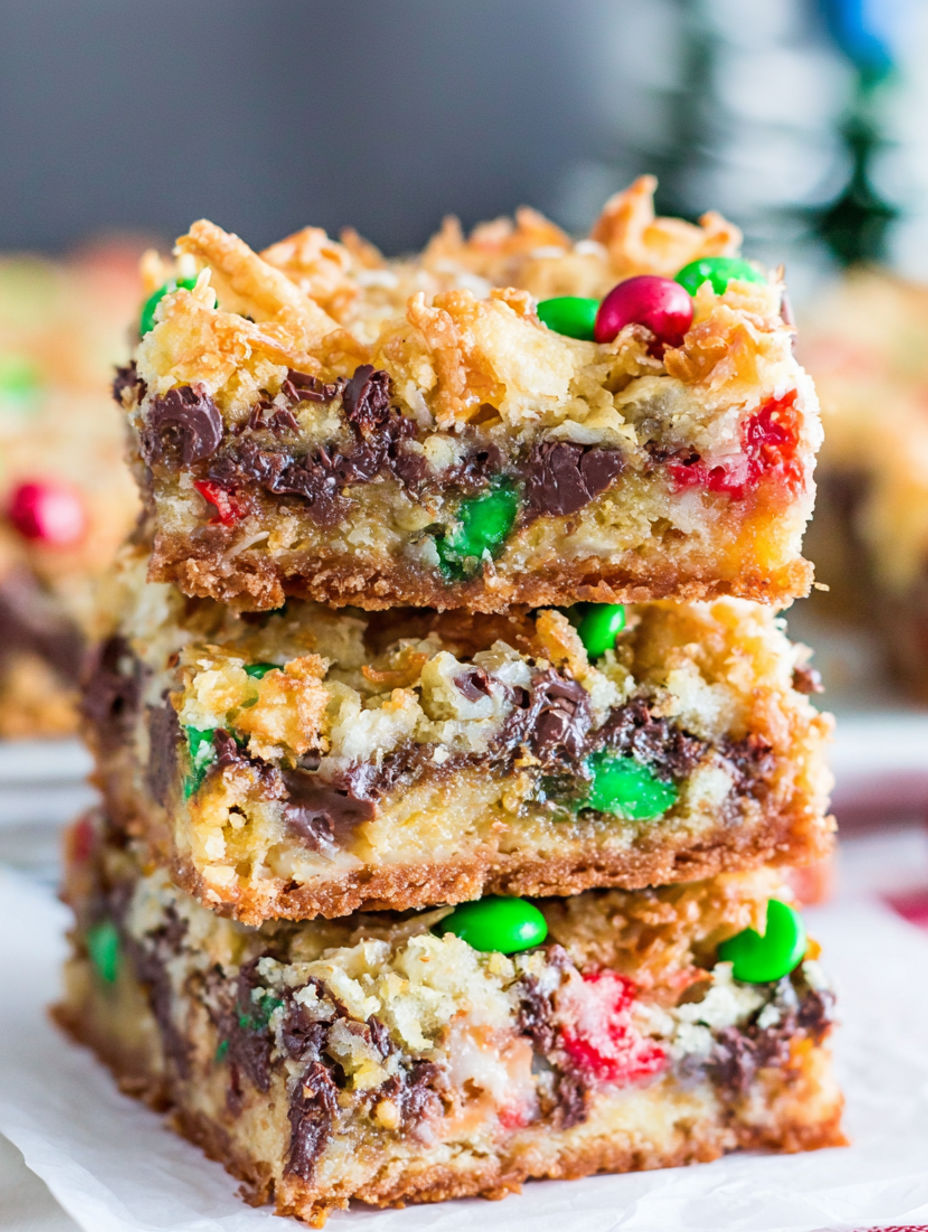 A stack of Christmas Magic Cookie Bars.