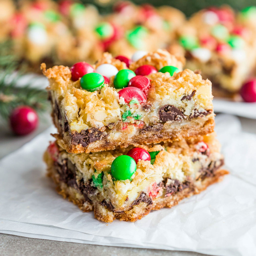 A stack of Christmas Magic Cookie Bars.
