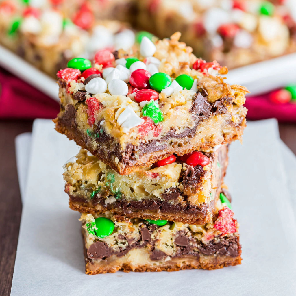 A stack of Christmas Magic Cookie Bars.