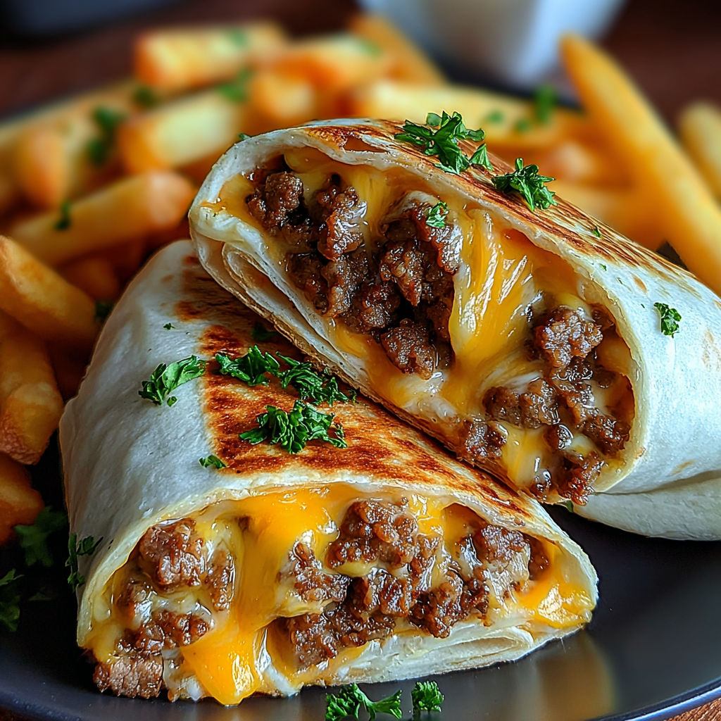 A plate of cheesy beef burritos with fries.