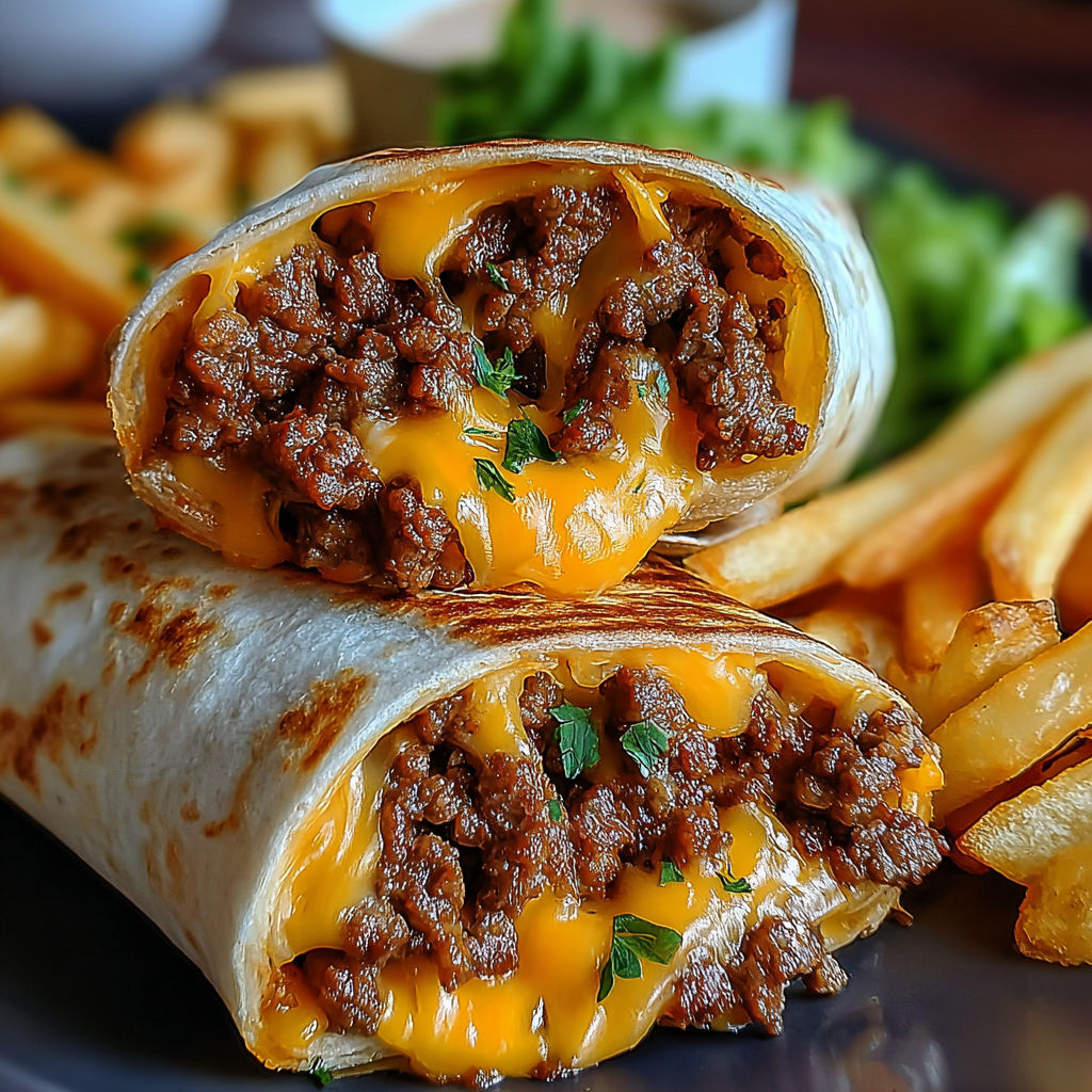 A plate of cheesy beef burritos and fries.