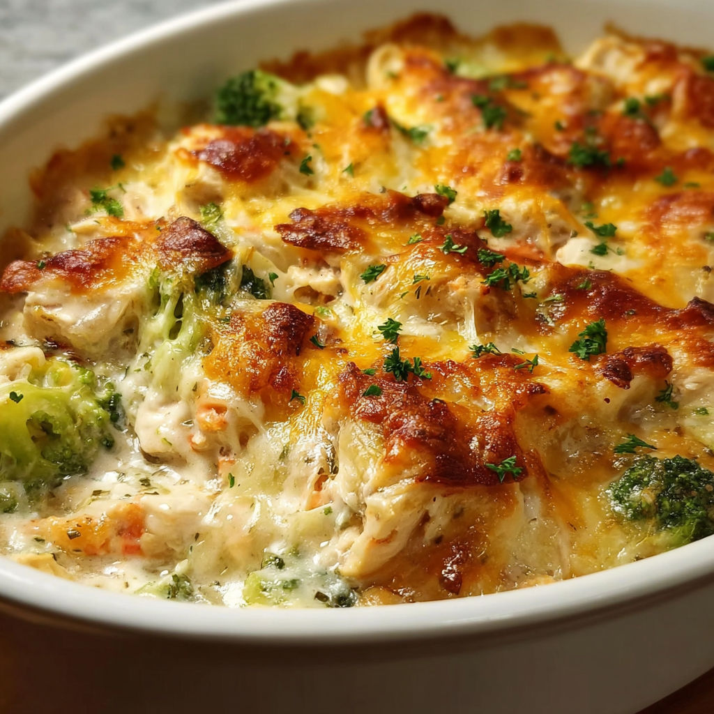 A bowl of chicken casserole with broccoli.