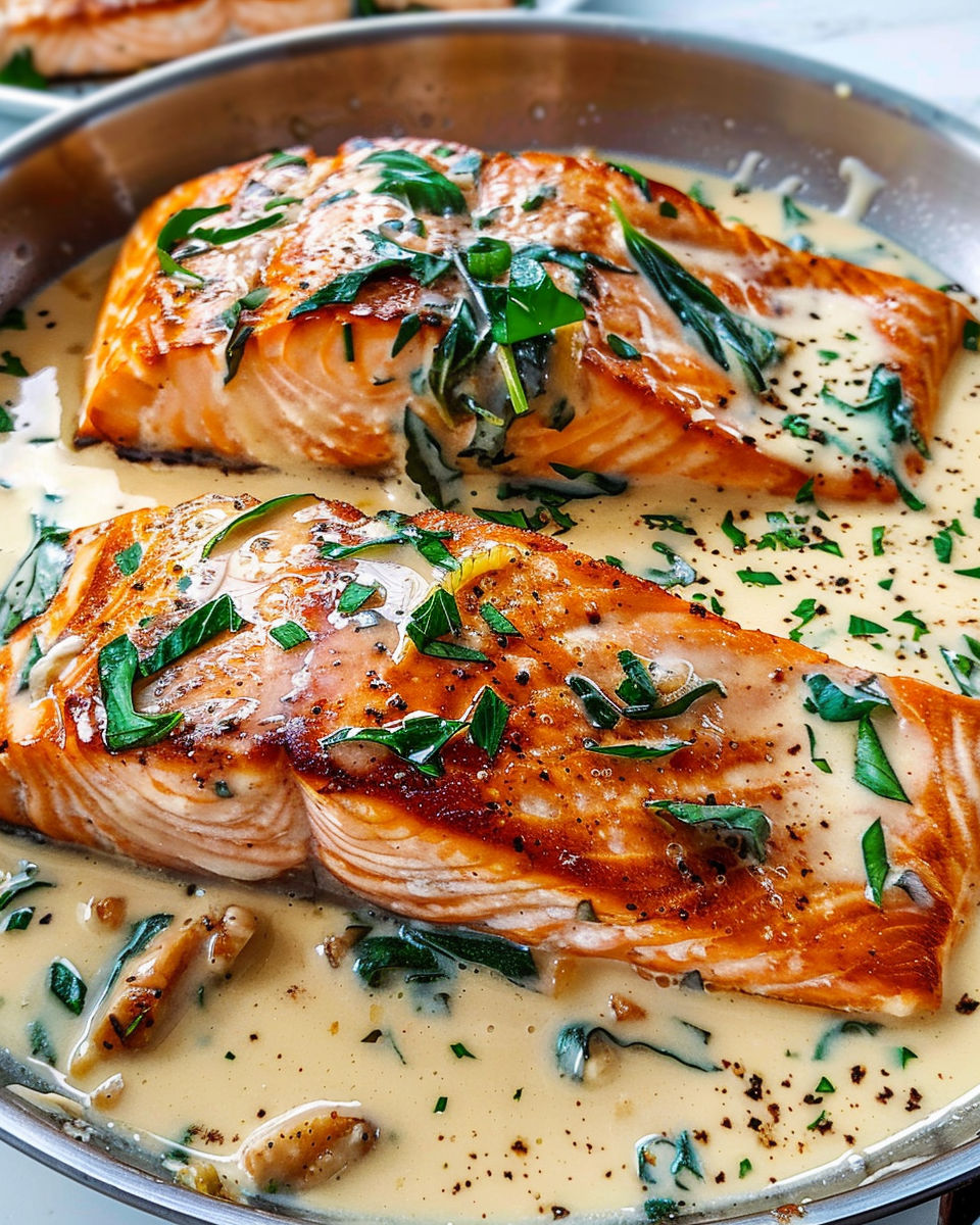 A pan of salmon with garlic butter and herbs.
