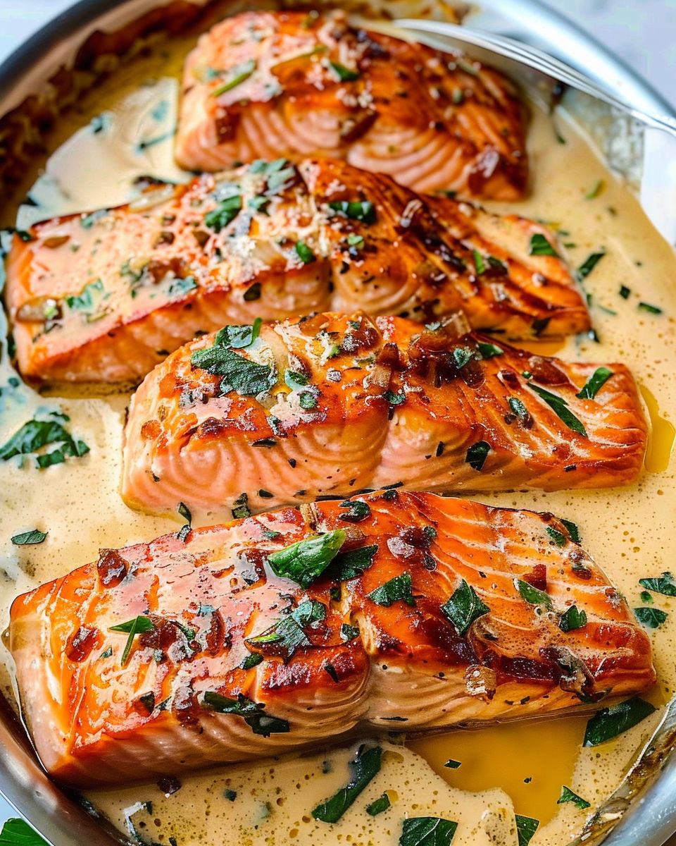 A close up of cooked salmon with herbs.