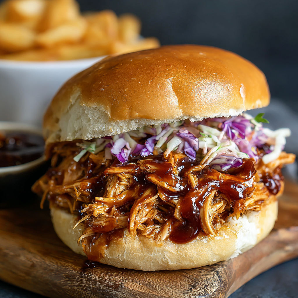 A BBQ Pulled Chicken sandwich with coleslaw on a bun.