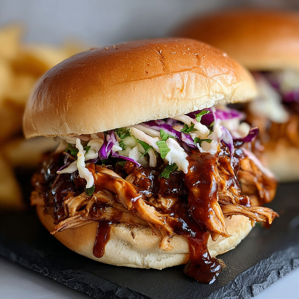A sandwich with BBQ Pulled Chicken and coleslaw.