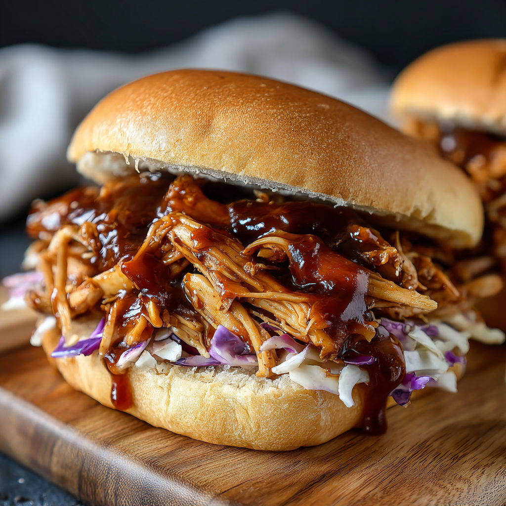 A sandwich with BBQ Pulled Chicken on a wooden table.