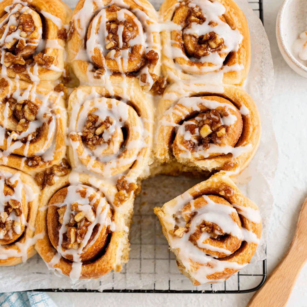 A tray of baked apple cinnamon rolls.