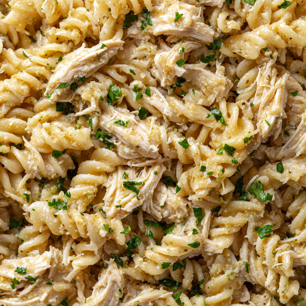 A close up of a crockpot garlic parmesan chicken pasta dish.