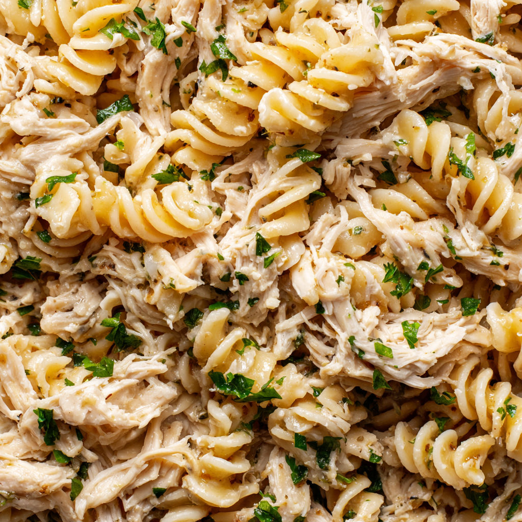 A close up of a dish with chicken and pasta.