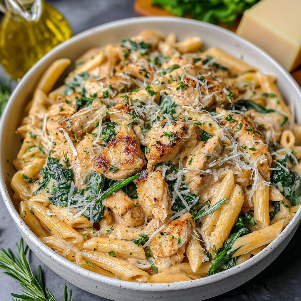 A bowl of chicken and pasta with cheese and garlic.