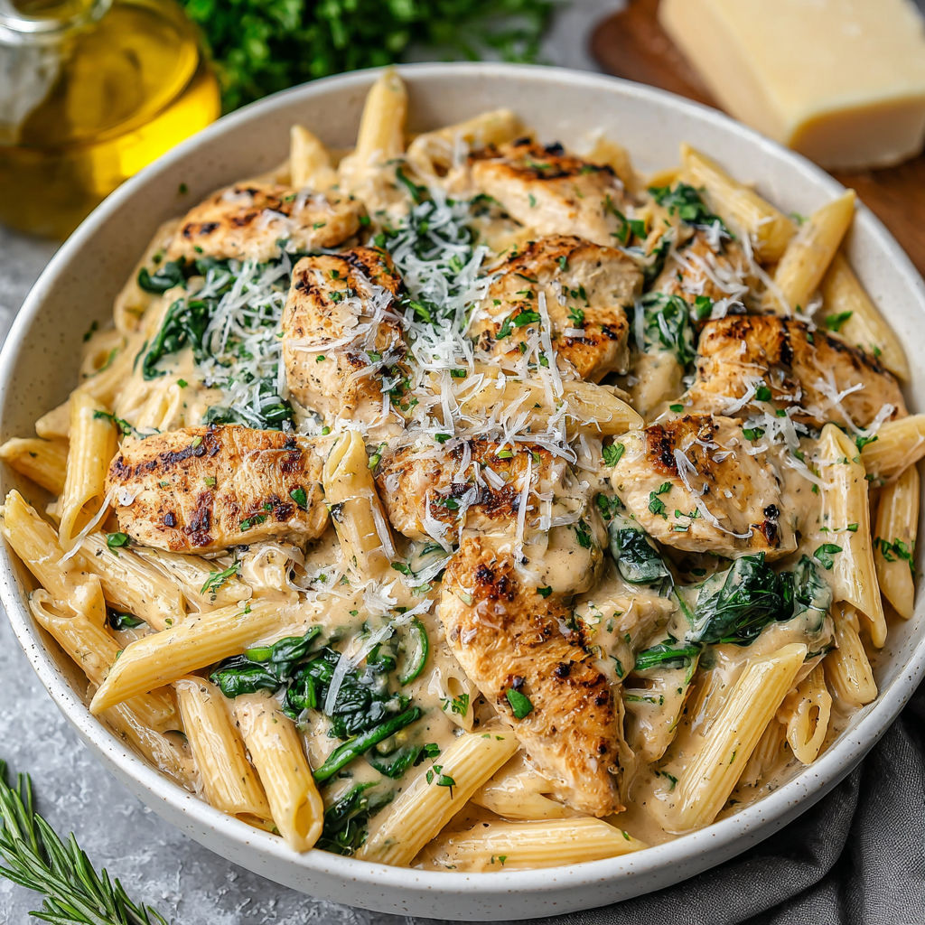 A bowl of chicken and pasta with cheese and garlic.