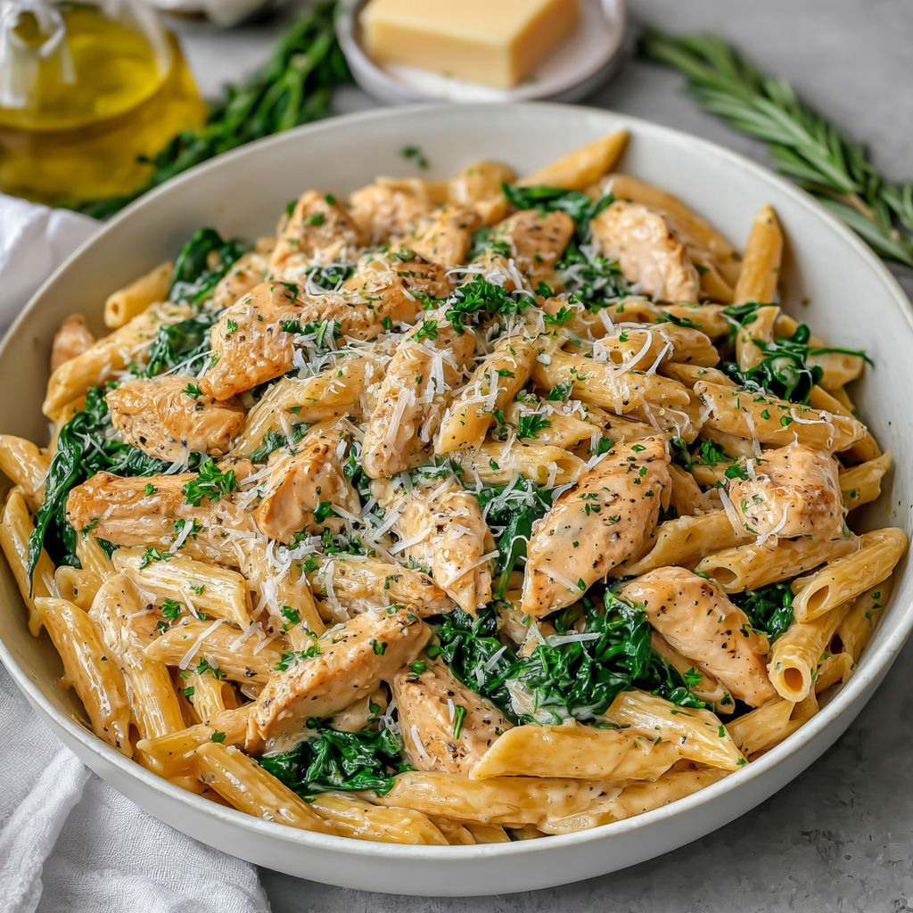 A bowl of pasta with chicken and cheese.