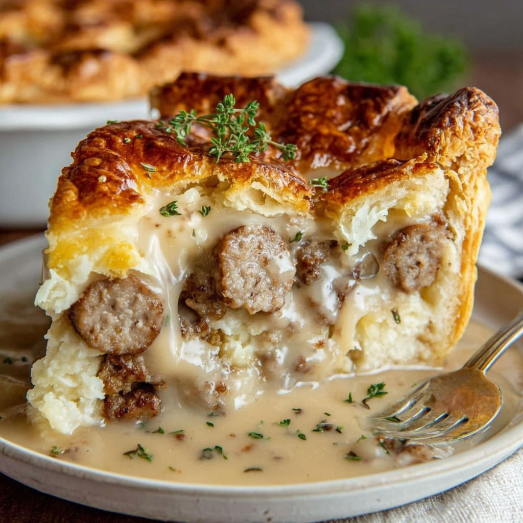 A slice of sausage, gravy, and biscuit pie.