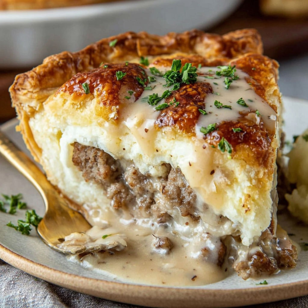 A close up of a pie with a white sauce.