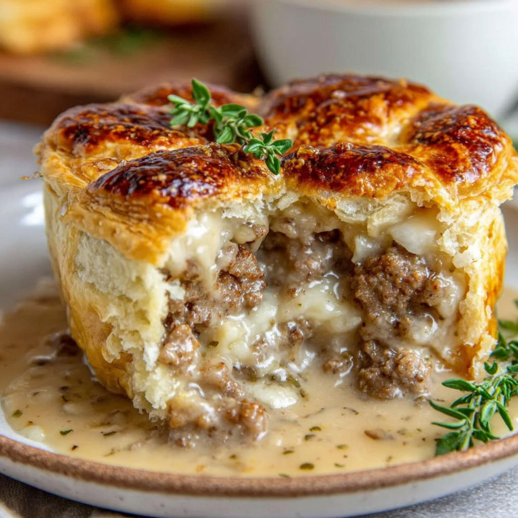 A close up of a meat pie with sauce.