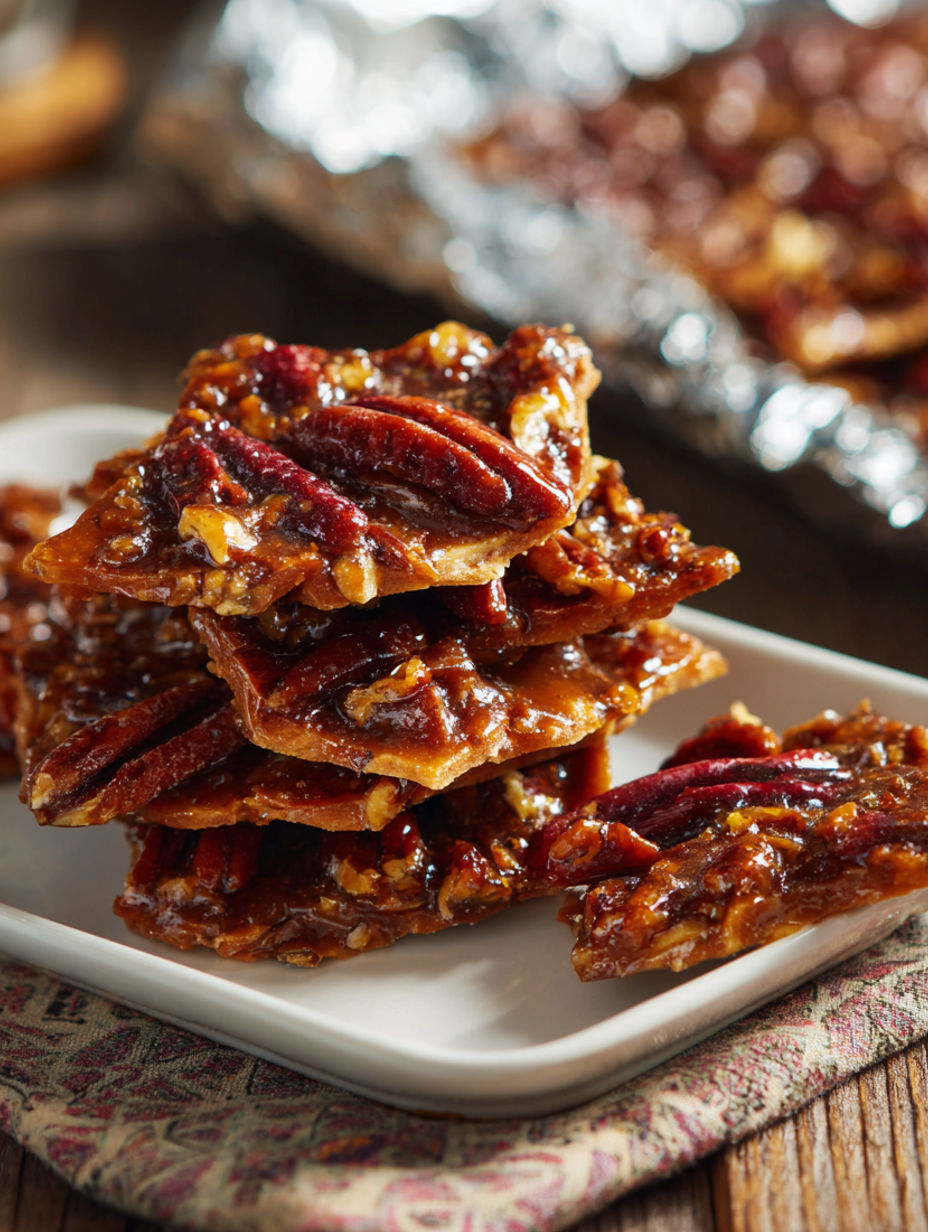 A stack of pecan pie bark on a plate.